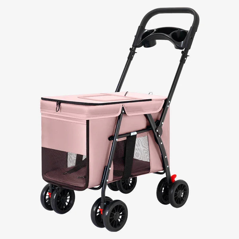 Pink foldable pet stroller with mesh sides, four double wheels, and a handlebar featuring cup holders.