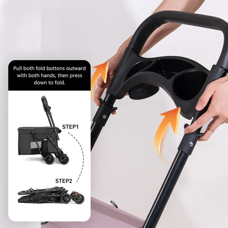 Black foldable pet stroller with mesh sides, four double wheels, and a handlebar featuring cup holders.